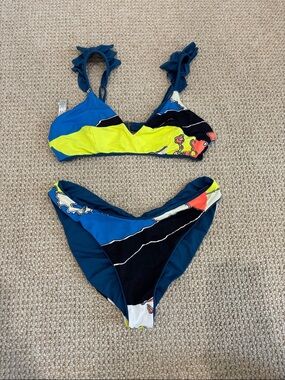 Maaji' Blue, Black & Neon Yellow Ruffle-Shoulder Bikini